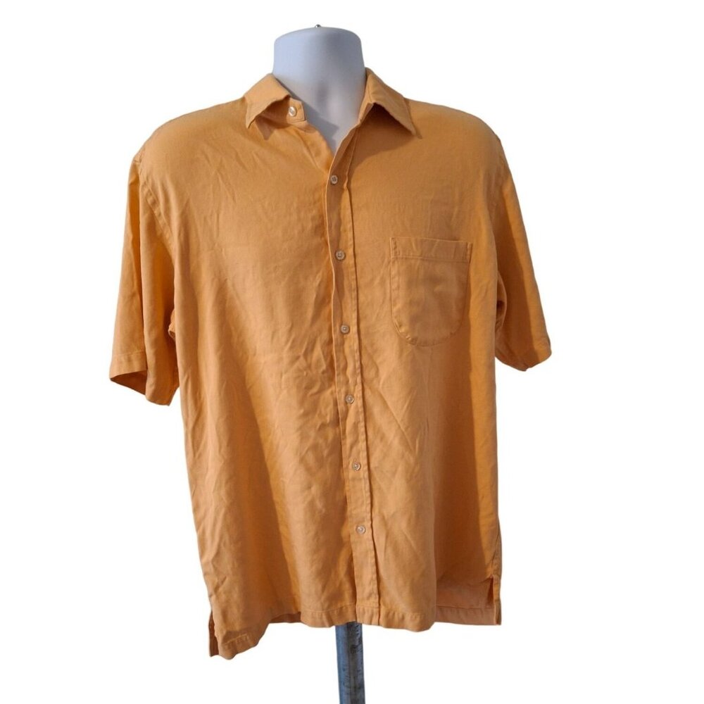 Lands End Mens Button Up Shirt Large Orange Short Sleeve Preppy